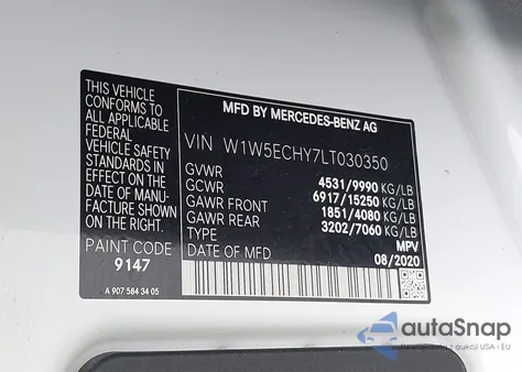 2020 Mercedes-Benz Sprinter 3500 High Roof V6 из США, поврежденный, VIN W1W5ECHY7LT030350